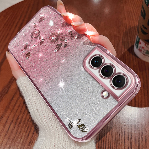 Чехол для Samsung Galaxy S22, Glitter Flower, розовый rose gold