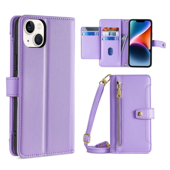 Откидной чехол для iPhone 15, Wallet Zipper Pocket, фиолетовый