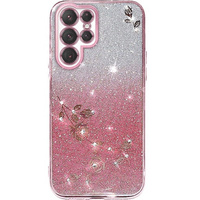 Чехол для Samsung Galaxy S23 Ultra, Glitter Flower, розовый rose gold