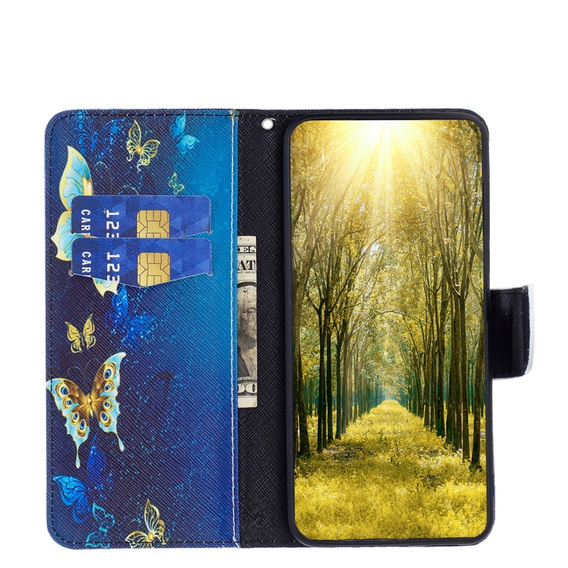 Откидной чехол для Samsung Galaxy A15, Wallet, golden butterflies + 9H стекло 