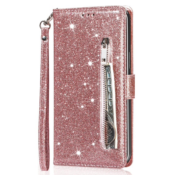 Откидной чехол для Samsung Galaxy A35 5G, Wallet Zipper Pocket Glittery, розовый rose gold