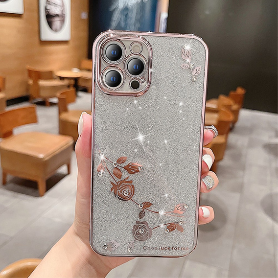 Чехол для iPhone 13 Pro Max, Glitter Flower, розовый rose gold