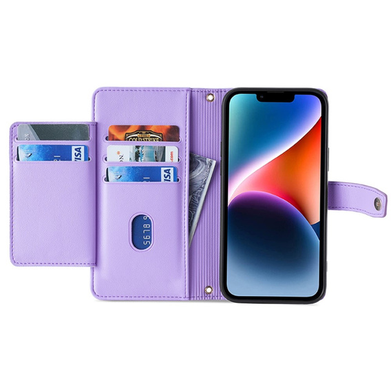 Откидной чехол для iPhone 15 Pro, Wallet Zipper Pocket, фиолетовый