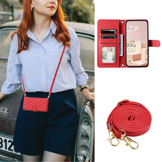 чехол-крышка для iPhone 16 Pro Max, Rhombus Crossbody Leather, красный