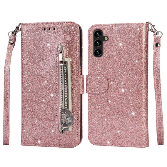 Откидной чехол для Samsung Galaxy A35 5G, Wallet Zipper Pocket Glittery, розовый rose gold