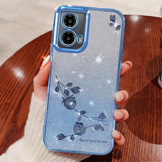 Чехол для Motorola Moto G24 / G24 Power / G04, Glitter Flower, синий