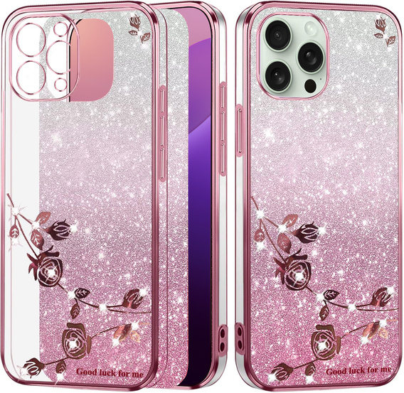 Чехол для iPhone 16 Pro Max, Glitter Flower, розовый rose gold