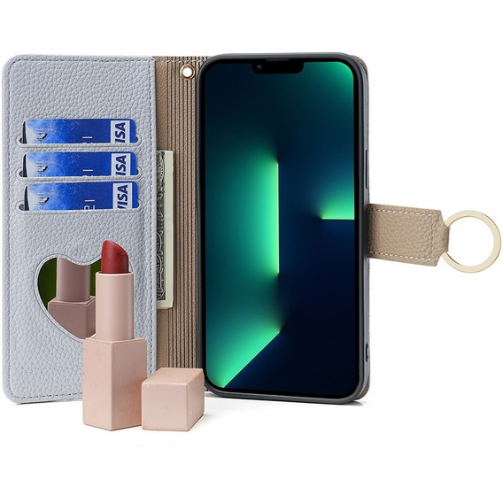 Флип-кейс для iPhone 15, Wallet Zipper Pocket, с зеркалом, синий