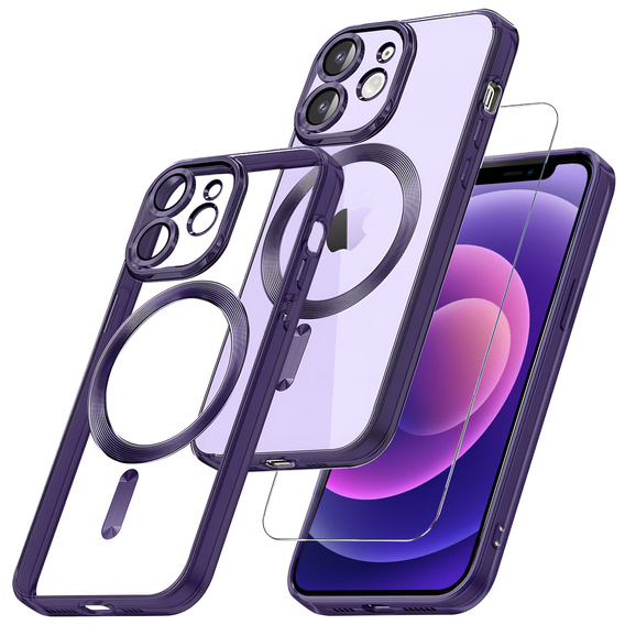 Чехол для iPhone 12, Electro MagSafe, фиолетовый + стекло для экрана