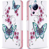 Чохол-книжка для Xiaomi 13 Lite, Wallet, butterfly & flowers, білий