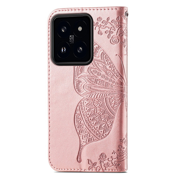 Откидной чехол для Xiaomi 14T Pro, Butterfly, розовый rose gold