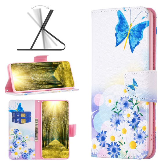 Откидной чехол для Motorola Edge 40 5G, Wallet, butterfly & flowers, синий