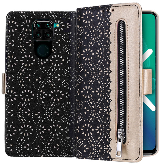 Чохол-кришка для Xiaomi Redmi Note 9, Wallet Pocket Zipper Lace, чорний