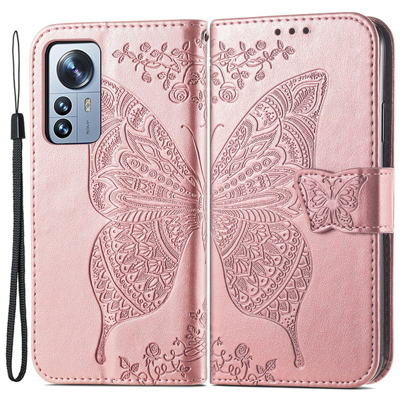 Откидной чехол для Xiaomi 12 Pro, Butterfly, розовый rose gold