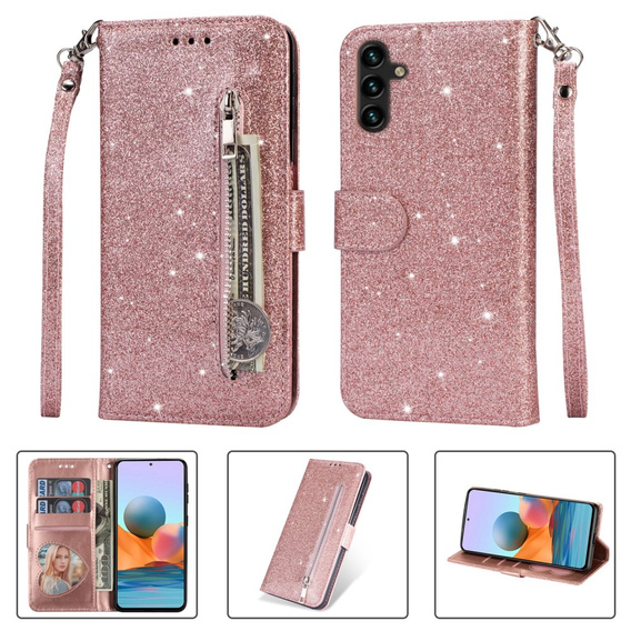 Откидной чехол для Samsung Galaxy A35 5G, Wallet Zipper Pocket Glittery, розовый rose gold