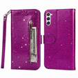 Откидной чехол для Samsung Galaxy S24, Wallet Zipper Pocket Glittery, фиолетовый