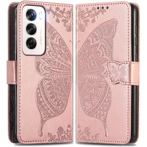 Откидной чехол для Oppo Reno 12, Butterfly, розовый rose gold