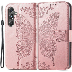 Откидной чехол для Samsung Galaxy A15, Butterfly Flower, розовый rose gold + 9H стекло
