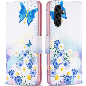 Откидной чехол для Samsung Galaxy A15, Wallet, butterfly & flowers, белый + 9H стекло