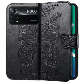 Откидной чехол для Xiaomi Poco X4 Pro 5G, Butterfly, чёрный