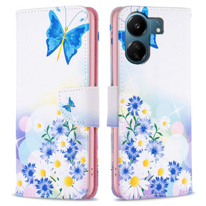 Откидной чехол для Xiaomi Redmi 13C / Poco C65, Wallet, butterfly & flowers, белый