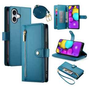 Откидной чехол для iPhone 16 Plus, Wallet Zipper Pocket, синий