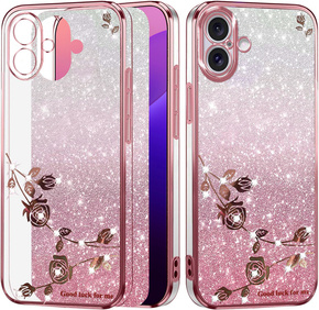 Чехол для iPhone 16 Plus, Glitter Flower, розовый rose gold