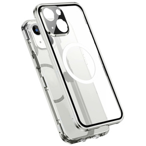 Чехол Magnetic Dual Glass MagSafe для iPhone 14 Plus, серебряный