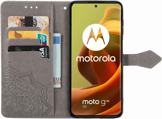 Откидной чехол для Motorola Moto G85, Mandala, серый