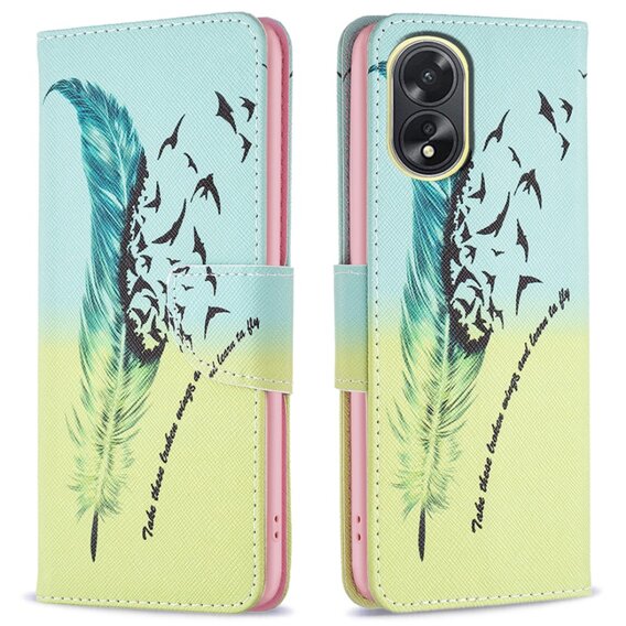 Откидной чехол для Oppo A38 4G / Oppo A18 4G, Wallet, Feather синий / жёлтый