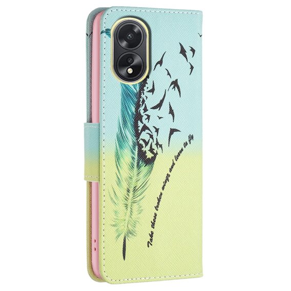 Откидной чехол для Oppo A38 4G / Oppo A18 4G, Wallet, Feather синий / жёлтый