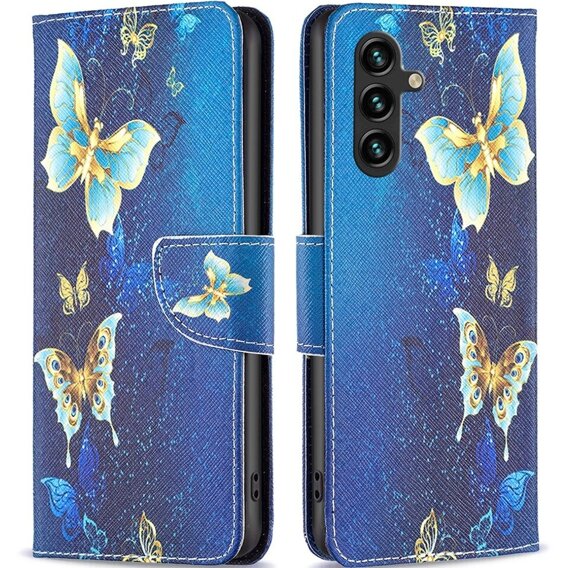 Откидной чехол для Samsung Galaxy A15, Wallet, golden butterflies + 9H стекло 