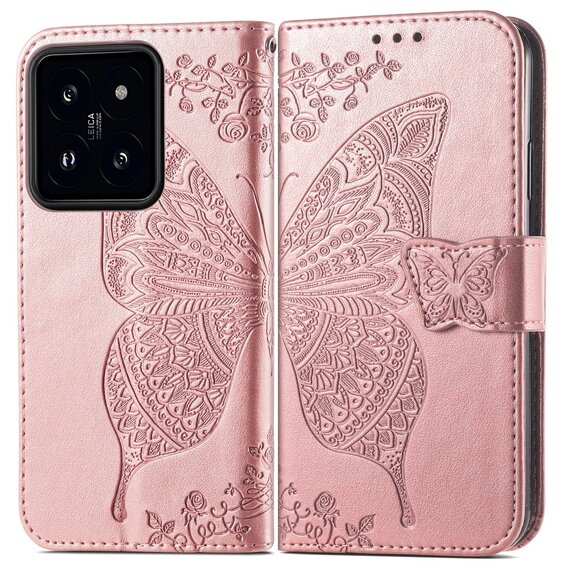 Откидной чехол для Xiaomi 14T Pro, Butterfly, розовый rose gold