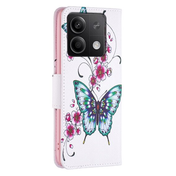 Откидной чехол для Xiaomi Redmi Note 13 5G, Wallet, Butterflies & Flowers белый