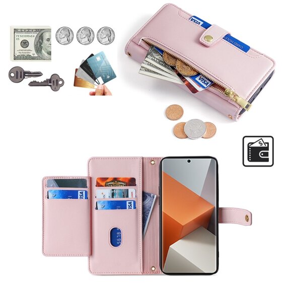 Откидной чехол для Xiaomi Redmi Note 13 Pro+, Wallet Zipper Pocket, розовый