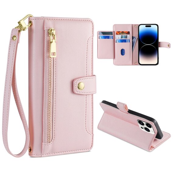 Откидной чехол для iPhone 14 Pro, Wallet Zipper Pocket, розовый