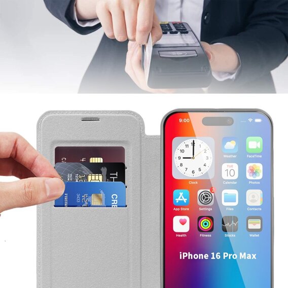 Откидной чехол для iPhone 16 Pro Max, RFID Wallet MagSafe CamShield, серебряный