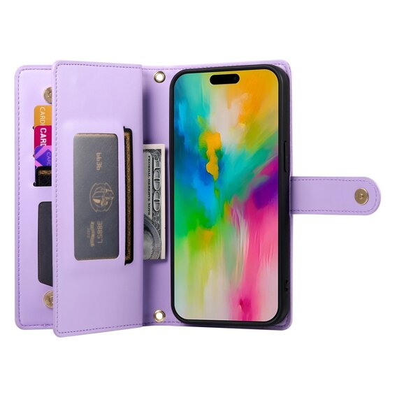 Откидной чехол для iPhone 16 Pro, Wallet Zipper Pocket, фиолетовый