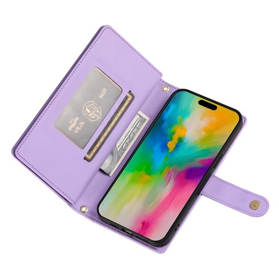 Откидной чехол для iPhone 16 Pro, Wallet Zipper Pocket, фиолетовый