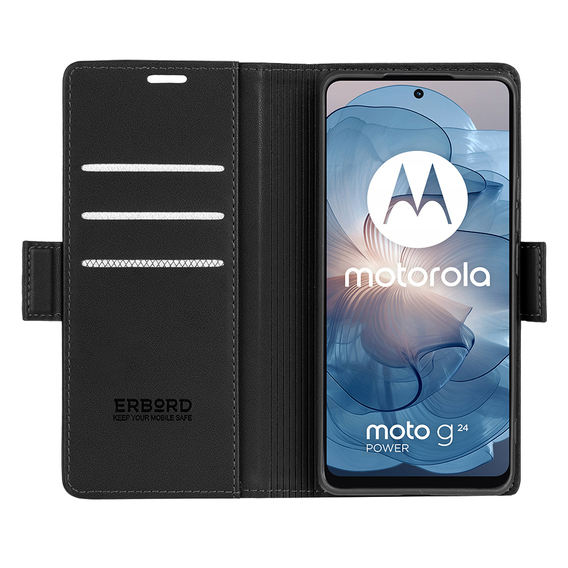 Чехол для Motorola Moto G24 Power, ERBORD Glossy Litchi, кошелек с клапаном, чёрный