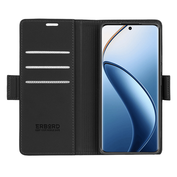 Чехол для Realme 12 Pro 5G / 12 Pro+ 5G, ERBORD Glossy Litchi, кошелек с клапаном, чёрный