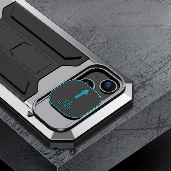 Чехол для iPhone 14 Plus, R-JUST CamShield Slide, бронированный, серебряный / черный