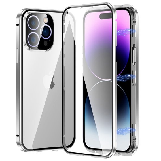 Чехол для iPhone 14 Pro, Magnetic Dual Glass, серебряный