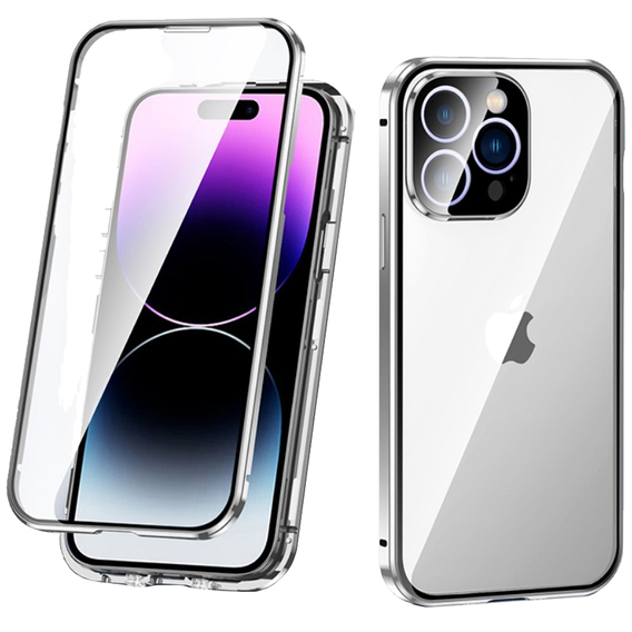 Чехол для iPhone 14 Pro, Magnetic Dual Glass, серебряный