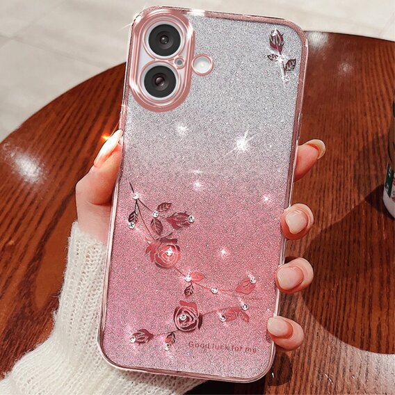 Чехол для iPhone 16 Plus, Glitter Flower, розовый rose gold