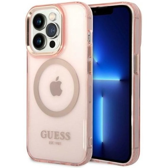 Чехол GUESS до iPhone 14 Pro, Gold Outline Translucent MagSafe, розовый