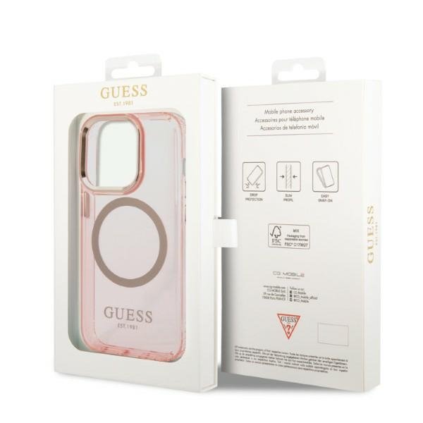 Чехол GUESS до iPhone 14 Pro, Gold Outline Translucent MagSafe, розовый