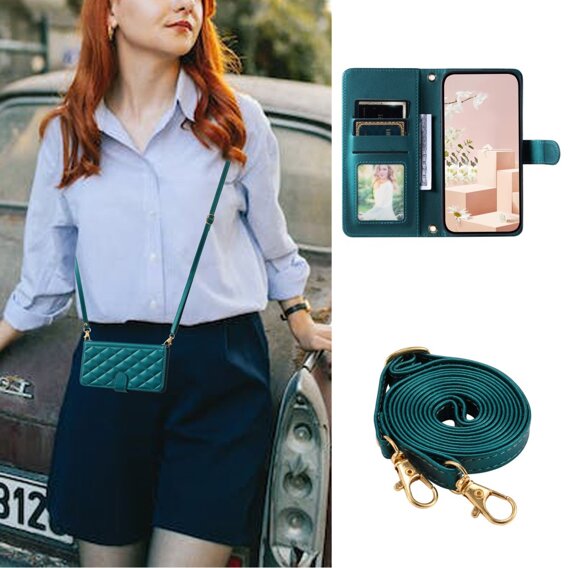 чехол-крышка для Samsung Galaxy A55 5G, Rhombus Crossbody Leather, тёмно-зелёный