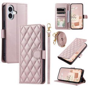 Чохол-сумка для iPhone 16 Plus, Rhombus Crossbody Leather, рожевий rose gold