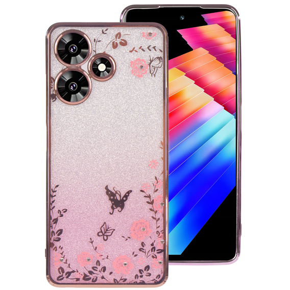 Чохол для Infinix Hot 30, Glitter Flower, рожевий rose gold